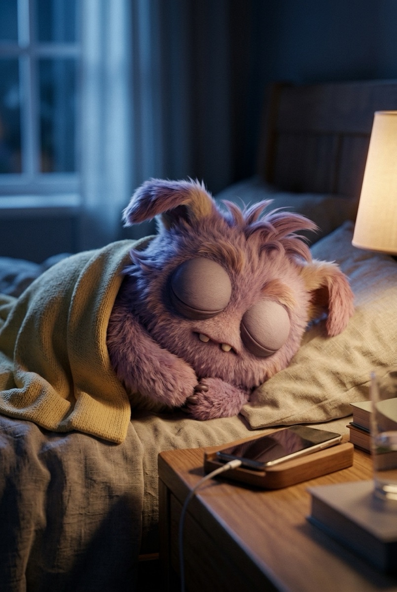 Ruru asleep in a bed, her yellow scarf pulled up as a blanket, while a phone charges on the nightstand